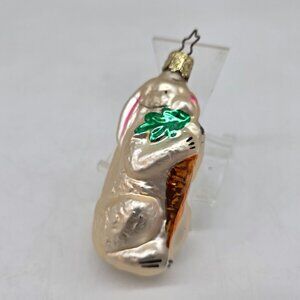 Inge Glas Rabbit Holding Carrot German Glass Christmas Ornament White 4"